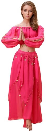 Baisdan Ensemble Costume de Danse du Ventre pour Femme Haut Court avec Jupe en Mousseline pour Performance de Carnaval, rose rouge, Taille unique