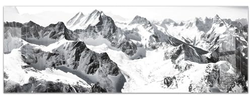 Küchenbild aus Acrylglas modernes Wandbild Glasbild Deko Küche XXL Bild wie Glas | 140x50cm Schwarz-Weiß Alpen Panorama – Schneeberge, Winterlandschaft, Berge