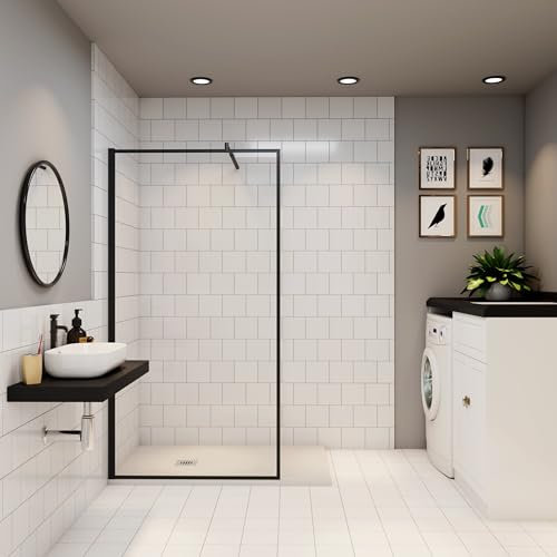 Paroi de douche à l'italienne 90cm en 8mm verre trempé anticalcaire AICA paroi de douche noire Hauteur 200cm avec barre de fixation extensible 70-120cm