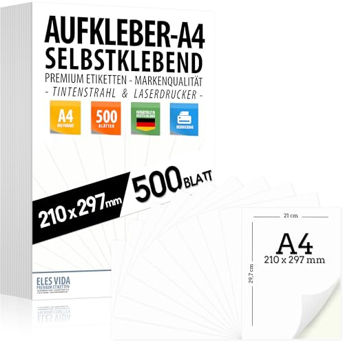 Självhäftande DIN A4-etiketter 210 x 297 mm, universellt tryckbara, matt vit yta, kompatibla med bläckstråleskrivare, idealiska för mångsidiga användningsområden – (500)
