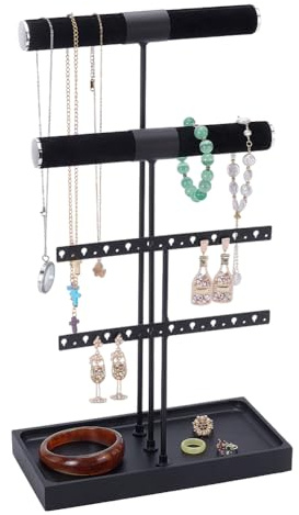 UNICRAFTALE 3 nivåer smyckeshållare organisatör stativ svart armband presentationsstativ sammet T-stång smycken presentationsstativ metall örhänge arrangör för halsband örhängen armband