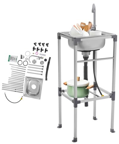 ROGONPDK Évier de cuisine autonome en acier inoxydable - Multifonction - Avec tuyau d'évacuation et robinet froid - Panier filtrant