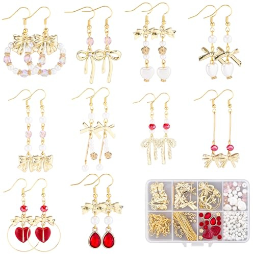 SUNNYCLUE 1 låda 10 par gör-det-själv örhänge kit rosett örhängen för kvinnor legering ljus guld rosett knutar hjärta tårdroppe pärlor hängande örhänge set för kvinnor bröllop 2025 trendiga nybörjare