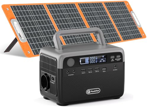 FlashFish 230,4 Wh Generador Eléctrico con Panel Solar 100W, Batería LiFePO4 300W (pico 600 W) con Puertos CC, Puertos USB, Iluminación LED, Estación Eléctrica para Camping, RV, Corte de Energía