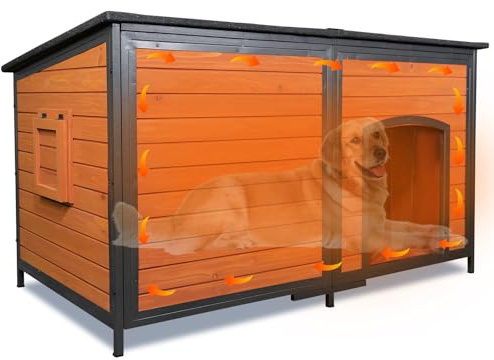 Extra Large Dog House Outdoor Weatherproof Dog Shelter Large Wooden Insulated Houses with Upgrade Anti-Chewing Iron Frame