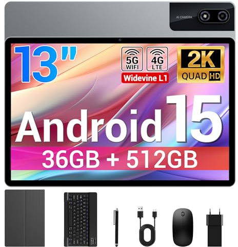 BEYNIVAN Tablette 13 Pouces Android 15 Tablette Tactile avec 4G LTE /5G WiFi,36Go+512Go/11580mAh/20W/13+8MP/Octa-Core/Face ID/TÜV/GMS/BT5.0/GPS/Tablette avec Clavier détachable,Gris