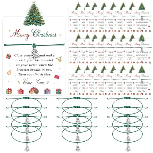YXSJAS 24 Sets Christmas Wish Bracelets Bulk Adjustable Christmas Bracelet Xmas Wish Bracelets for Women with Wi-sh Cards Xmas Tree Braided Friendship Holiday Gifts for Women Girl