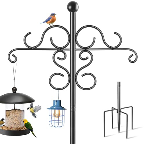 Bird Feeders Hanging Station, 194CM Tall Shepherds Hook Bird Feeder Pole Heavy Duty Metal feeding Stand Free Standing, Double Shepherds Crook Garden Hooks for Lights Lantern,Plan Basket, 1 Pack