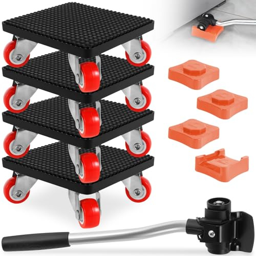 Kit Leve Meuble avec Barre Extension & 4 Blocs Levage, Planche Roulette Demenagement Charge Lourde, Souleve Patins Meubles Deplace Roues Rotative 360° pour Canapé Réfrigérateur Machine Laver Armoire