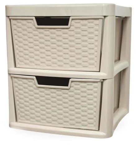 KYY'Z Large Drawer Storage Unit Tower Rattan Effect Large Organizer Chest Tower Unit Cabinet Trolley Home Bedroom Kitchen Office School Garage 39 (D) x 39 (W) x 43 (H) cm (Mushroom, 2 Tier)