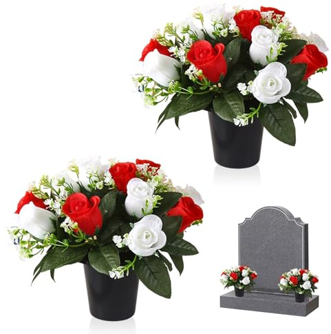 XMDROU 2 fiori artificiali per tombe, vasi da fiori in seta da 25 cm, decorazioni funerarie, rose rosse e bianche, bouquet finto per tomba all'aperto (rosso e bianco)