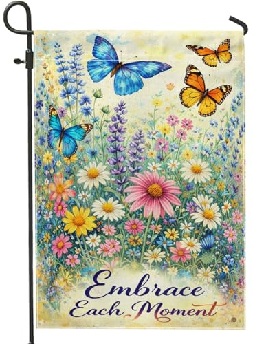 Bandiera da giardino con farfalle, fiori primaverili con crisantemo blu primaverile su entrambi i lati, bandiere decorative per esterni, patio, prato, portico, ingresso, campeggio, 30,5 x 45,7 cm