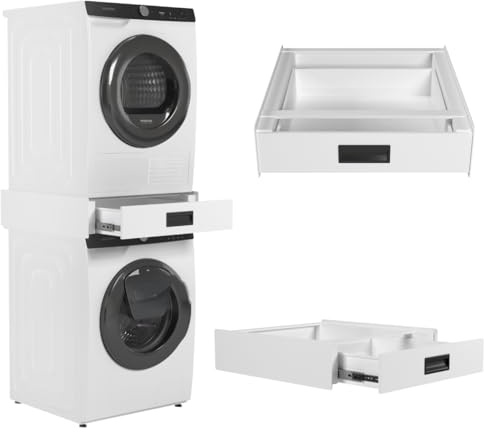 Wasophoogte Intermédiaire Machine à Laver Sèche-Linge avec Tiroir Extensible - Kit Empilable pour Lave-Linge et Sèche-Linge - Cadre Intermédiaire Universel Adapté à Toutes Les Marques - Couleur: Blanc