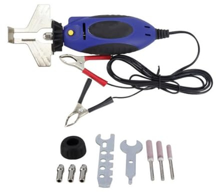 VIRELLO Mini afilador eléctrico de motosierra de 12 V con 3 piedras de molienda, 25000 RPM y bloqueo de husillo para mantenimiento de motosierras y afilado de bricolaje