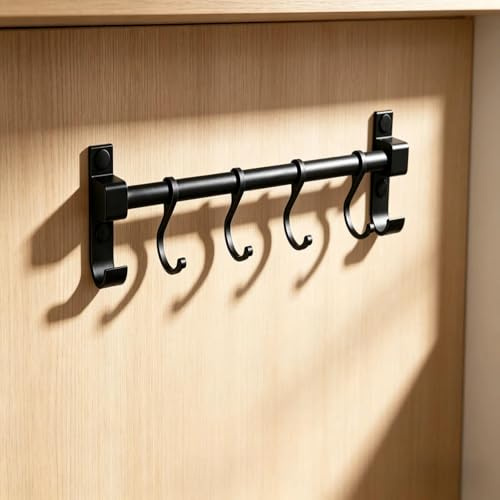 XBAIPIN 30 cm Patère de Cuisine avec 4 Crochets Mobiles - Noir Barre Aluminium pour Ustensiles de Cuisine - Suspension pour Planches à Découper Cuillères Ciseaux - Rail de Cuisine pour Montage Mural