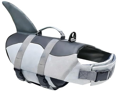 Giubbotto di salvataggio per cani, gilet di sicurezza per animali domestici con squalo grigio per cani, salvagente estivo per cani con manico, fibbie regolabili, anello a D