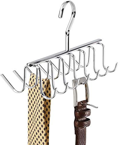 iDesign Axis Krawattenhalter, Bügel aus verchromtem Metall mit 14 Haken für Gürtel und Krawatten, silberfarben, 25.4x12.1x15.2cm