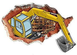 3D Smashed Broken Wall Sticker Bagger Ingenieur Baufahrzeug für Kinder Jungen Mädchen Kinderzimmer Dekoration