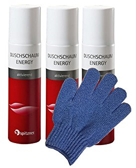 Duschschaum “Energieboost“ Sparpaket (3 x 150 ml) von Spitzner mit einem Gratis Massagehandschuh