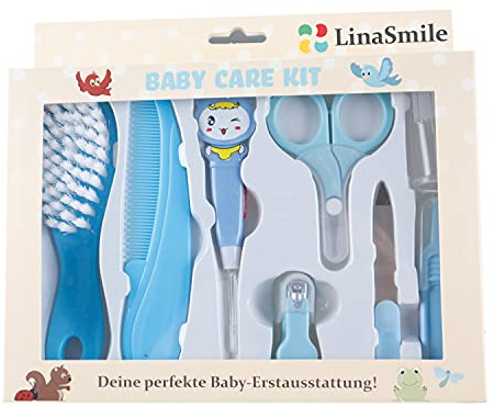 LinaSmile Babyset vårdset babyset första utrustningen, borste, tandborste, kam, lampa, pincett, nagelsax i blått