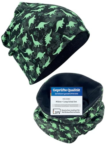 HECKBO Set Beanie e scaldacollo invernale – interno pile morbido – motivo dinosauro – lavabile – taglia unica – cotone (48–54 cm)