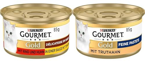 PURINA GOURMET Gold Délicatesse en Sauce Katzenfutter nass, mit Rind und Huhn, 12er Pack (12 x 85g) & Gold Feine Pastete Katzenfutter nass, mit Truthahn, 12er Pack (12 x 85g)