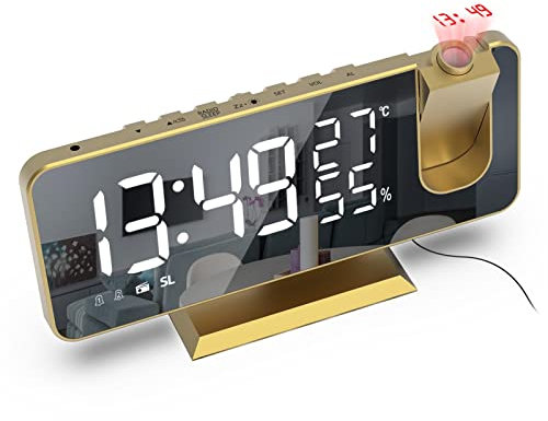 FOOSKOOS Orologi da Tavolo FM. Radio PORTATO Orologio da Tavolo Digital Smart Watch Orologio da Tavolo Electronic Desktop USB Sveglia Orologio con Snooze del proiettore a 180 ° (Color : E)