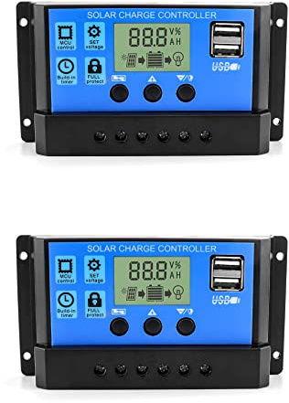 QWORK® 2 Stück Solar Laderegler, 30A 12V/24V Solar Panel Controller Intelligente Regler mit Dual USB Port 5V Licht Timer Control LCD Display