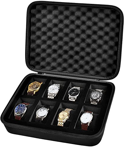 Comecase 8 Slots Travel Watch Case for Men Women, Hard Shell Watch Display Storage Oragnizer with Sturdy Handle & 8 Removable Velvet Cushions for All Wristwatches and Smart Watches, Black
