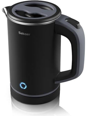 Sekaer Small Electric Tea Kettle Stainless Steel 0.8L Portable Travel Hot Water Boiler, Mini Electric Coffee Kettle with Auto Shut-Off & Boil Dry Protection, Cordless Base & LED Indicator