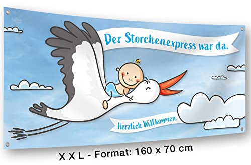 XXL Banner zur Geburt Baby I Set, blau I wetterfest I personalisierbar I inkl. Kabelbinder & Stift I 160 cm x 70 cm I Willkommen zuhause Baby I Geburtsgeschenk