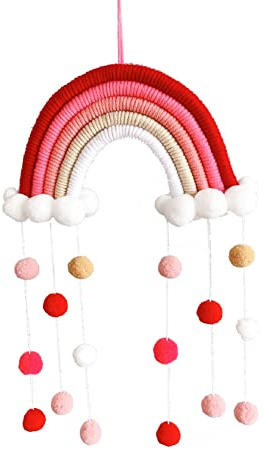Dimoxii Regenbogen Wandbehang Kinderzimmer Handgewebte Makramee Regenbogen Wanddeko mit Ball Boho Für Kinderschlafsaal Deko Bohomian babyzimmer (A08)