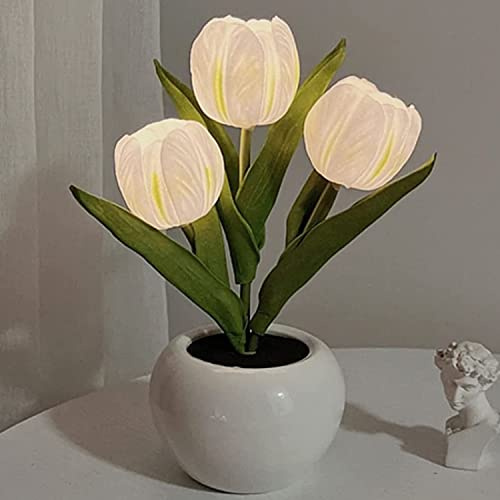 Tulip Table Lamp with Ceramic Vase Simulation Tulip LED Desk Lamp with Battery, Table Lamp Ornaments for Home Living Room Wedding, Gift Idea