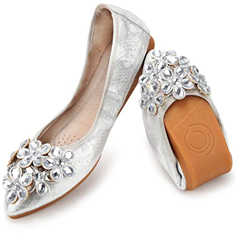 TABNIX Women's Ballet Flats Rhinestone Soft Wedding Ballerina Shoes Foldable Sparkly Dress Comfort Slip on Flat Shoes Silver