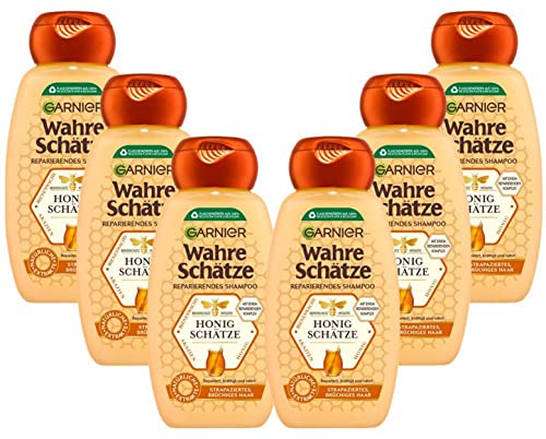 Garnier Shampoo gegen brüchiges Haar, Reparierendes Haarshampoo mit Akazienhonig und Bienenwachs, Für mehr Glanz und Geschmeidigkeit, Wahre Schätze Honig, 6 x 250 ml