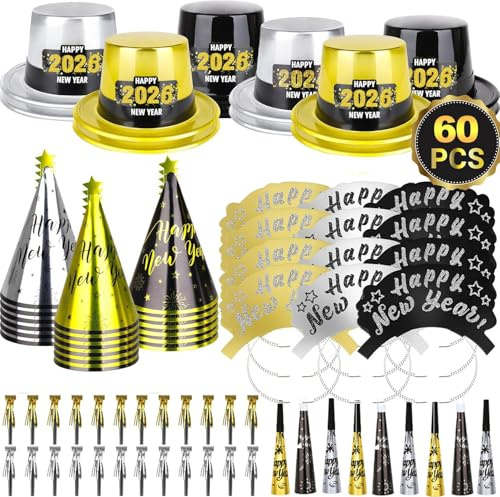 2026 Happy New Year's Eve Deko Set Silvester Fransen Kegel Hut mit Folie Quaste Fransen Schimmer Stirnband Blowouts Blower Perlenkette für Kinder Erwachsene Silvester Party