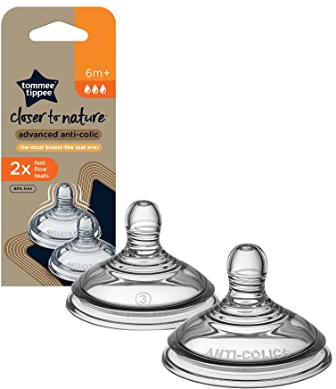 Tommee Tippee Advanced Anti-Colic Baby Bottle Teats, Fast Flow for 6m+, Pack of 2 Breast-Like Teats for a Natural Latch, BPA Free Soft Silicone