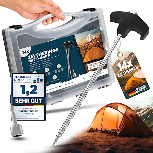 EARTHVENTURE® 14x Zeltheringe aus Stahl mit Box zur Aufbewahrung inkl. Steckschlüssel - Heringe - stabile & sturmsichere Schraubheringe für Camping - Erdschrauben - Erdanker- Metall - robust & stark