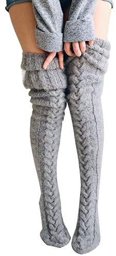 Miolasay Women's Thigh High Woolen Socks Warm Fluffy High Stockings Boot Extra Long Winter Stockings Footed Socks Leg Warmers (A-Grey, One Size)