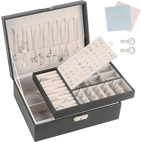 TEIVUL Joyeros Mujer Organizador,Joyero de piel sintética,Joyeros Mujer Organizador Grande Extraíble de 2 Capas,para Collares,Pendientes,Pulseras,Anillos,Accesorios(gris)