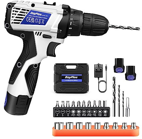 Electric Drill Set, 12V Cordless Drill with 23 Acessories, Power Drill Cordless with 2X 1.3Ah Batteries, Built-in LED, 2 Variable Speed, Drill for DIY Home Projects, Around The House, White