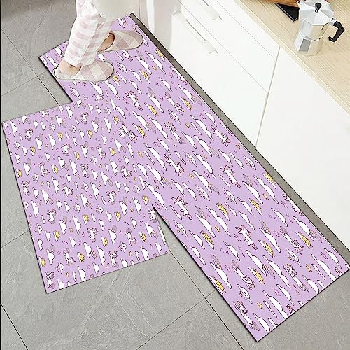 Küchenläufer Küchenmatte 2 Stück 45x70cm+45x120cm,Einhorn-Party, Regenbogen mit mythischen Tieren und Sternen auf pastel,Rutschfest Pflegeleicht, Anti-Müdigkeit Küchenteppich Teppich Läufer für Küche