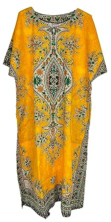 Kiran Fashion New Ladies Cotton Long Kaftan Dress Summer African Dashiki Beach Cover Up One Size (Yellow)