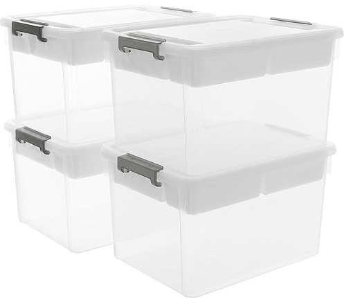 Citylife 32 QT Plastic Storage Bins with Removable Tray Large Stackable Storage Containers for Organizing Craft Storage and Storage Craft, Clothes, Files, Office Supplies, 4 Packs