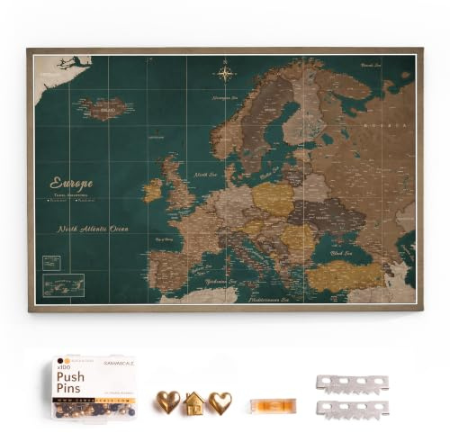 Canvas Europakarte mit Pinnwand Kork zum Pinnen der Reiseziele - Wanddeko für Jeden Raum - Hochwertige Leinwand Bilder mit Europakarte (70x50 cm, Muster 4)