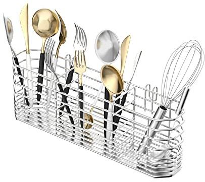 JAQ Utensil Holder for Sink, Sus304 Stainless Steel Rust Free Silverware Cutlery Flatware Holder Rack Organizer with Hooks for Dish Drying Rack Sink Dish Drainer in Kitchen Bathroom