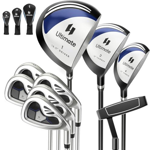 COSTWAY Ensemble Club de Golf 9 Pcs pour Droitière, Set de Golf Complet avec Driver en Alliage d'Aluminium Fairway 3# Hybride 4# des Fers 6# 7# 8# 9# et P#, Putter et 3 Couvre-Golfs, Marine