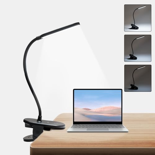 LQWELL® Clip on Lamp for Bed Reading Light, Battery Powered Dimmable Clip on Light, 3 Brightness Levels & 360° Flexible Clamp Table Lights for Home Office (Black)