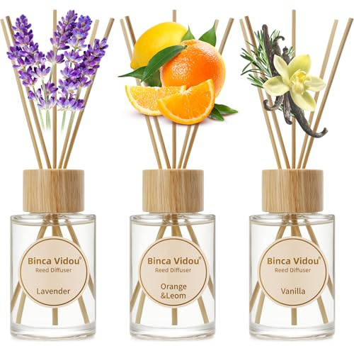 Binca Vidou Reed Diffuser Set of 3, Natural Scent Oil Diffusers with Sticks for Home Office Bathroom Aromatherapy Decor (Lavender, Vanilla, Orange & Lemon, 80ml x 3)