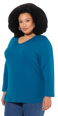 Ulla popken damer stora storlekar överdimensionerade plus size skjorta, V-hals, avslappnad, långärmad, Blågrön, 54-56